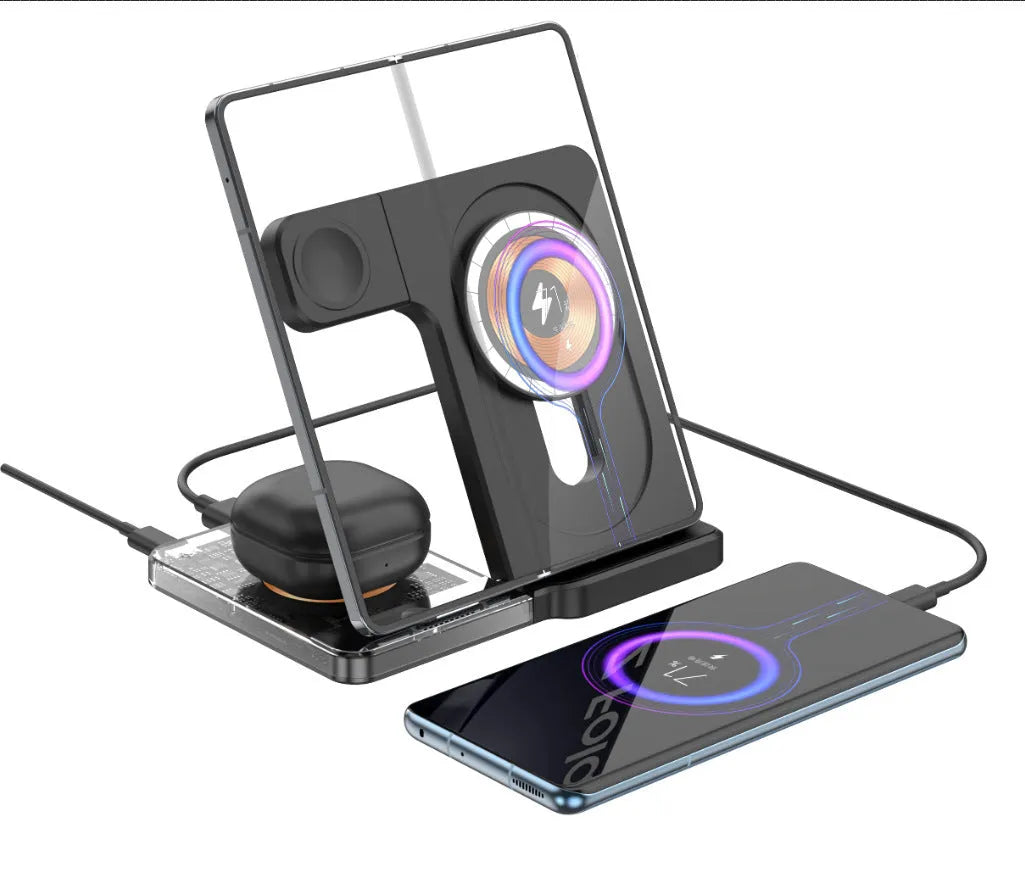 Black foldable three-in-one magnetic wireless charging stand for phone, watch and earphones on a desk.