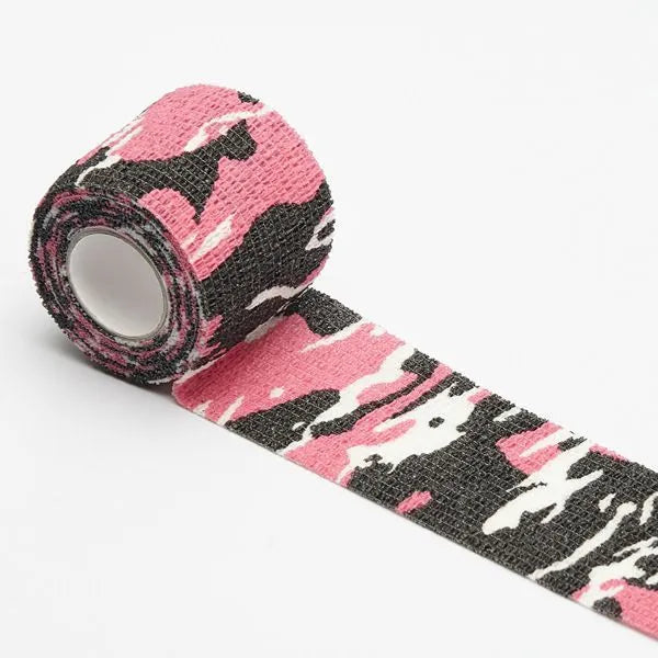 Roll of non-woven elastic camouflage bandage tape in a forest pattern, 4.5 metres long and 5cm wide.