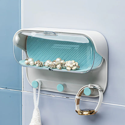 Grey punch-free bathroom wall holder, 17.1cm long with transparent lid for glasses storage