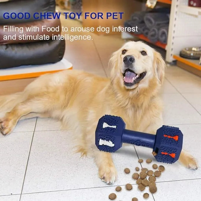 Dog chew toy with dumbbell design, 3D particle surface, hollow ends for treats, in black or blue colour
