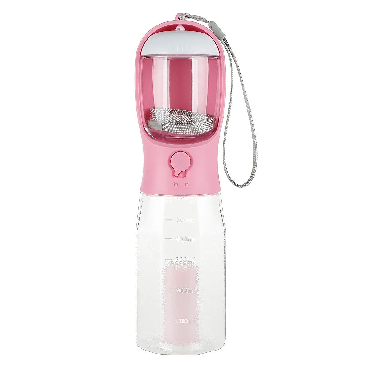 Multifunctional pet water bottle and feeder with poop dispenser in turquoise, pink, and white colors