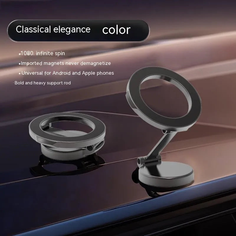 All-metal foldable magnetic car phone mount showing 360-degree rotation and dashboard mounting