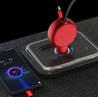 Black retractable car charger with extended cables showing three charging heads for Type-C, iPhone, and USB devices