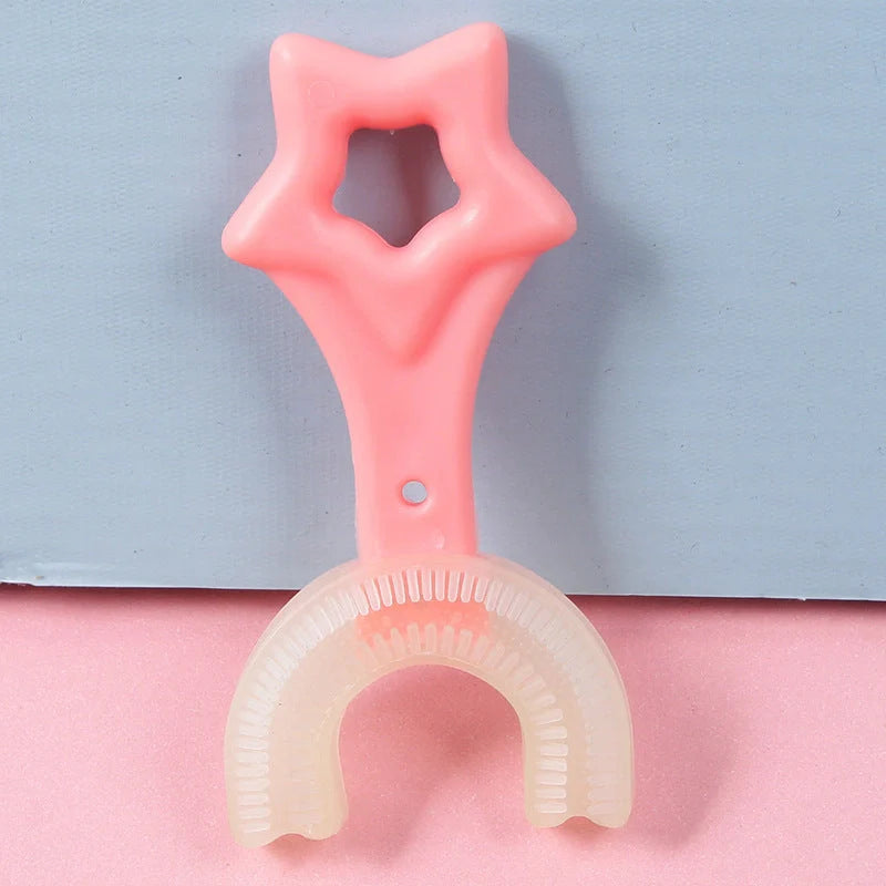 U-shaped baby toothbrush in soft silicone for kids, available in multiple colors