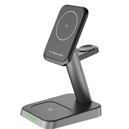 Matte black cubic 3-in-1 wireless charging station with phone, watch, and earbuds charging on top