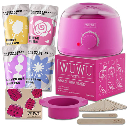 27-piece hypoallergenic wax kit with lavender, pink, blue, and yellow wax beads, wax machine, and sticks