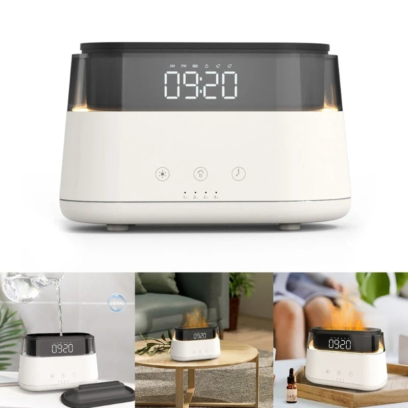 White flame humidifier with clock and aromatherapy function