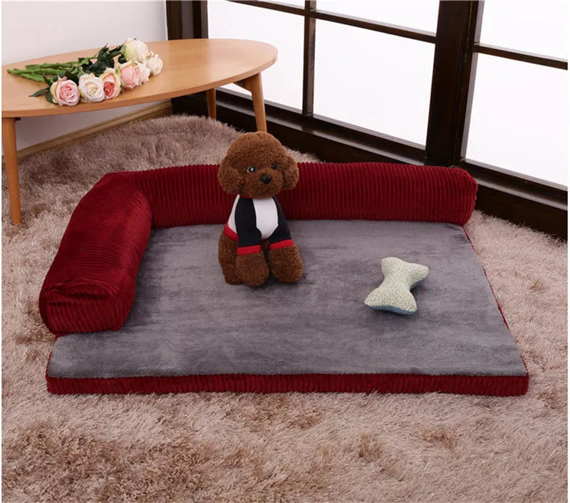 Corduroy pet sofa bed in red colour with high-density sponge padding and non-slip base