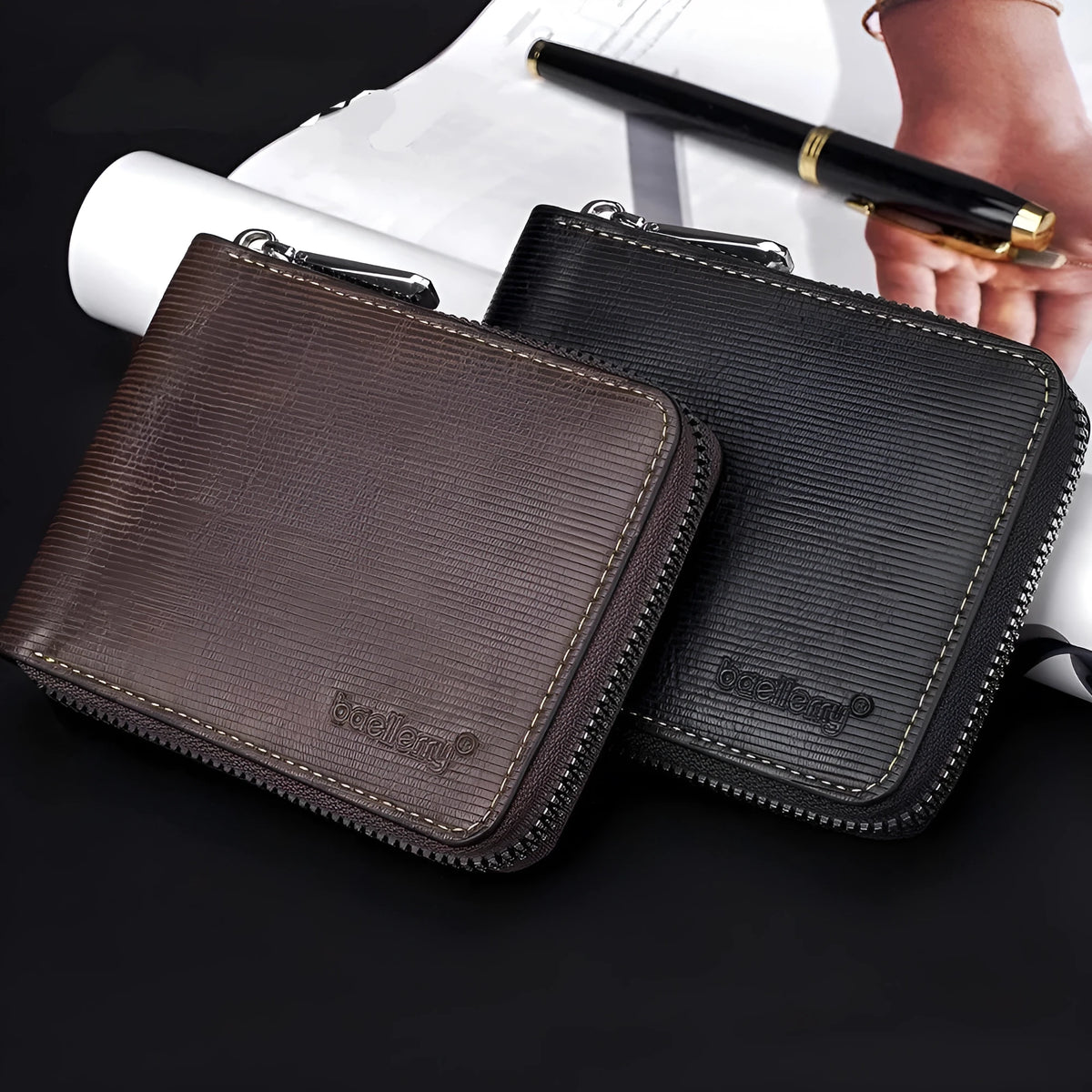 Leather anti-theft zipper wallet in black or brown with embossing pattern and credit card slots