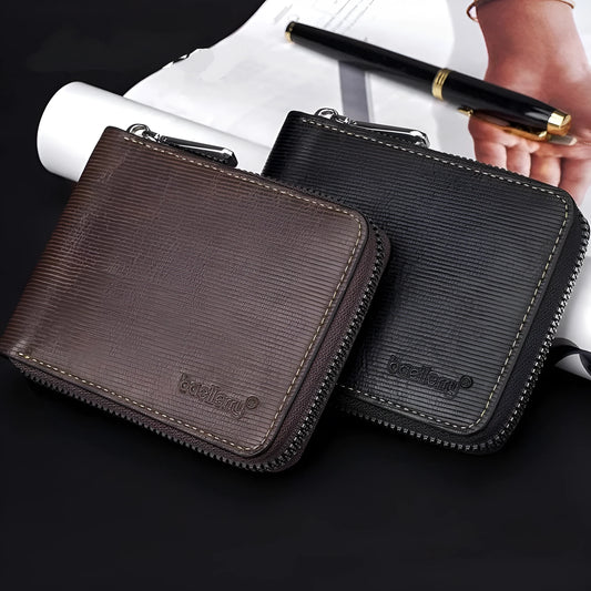 Leather anti-theft zipper wallet in black or brown with embossing pattern and credit card slots