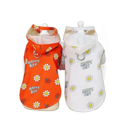 Transparent dog raincoat with two-foot design and pull ring in small flower pattern
