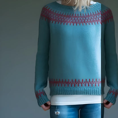 Women's loose round neck acrylic pullover sweater in geometric and stripe prints, sizes S-5XL, 50cm length