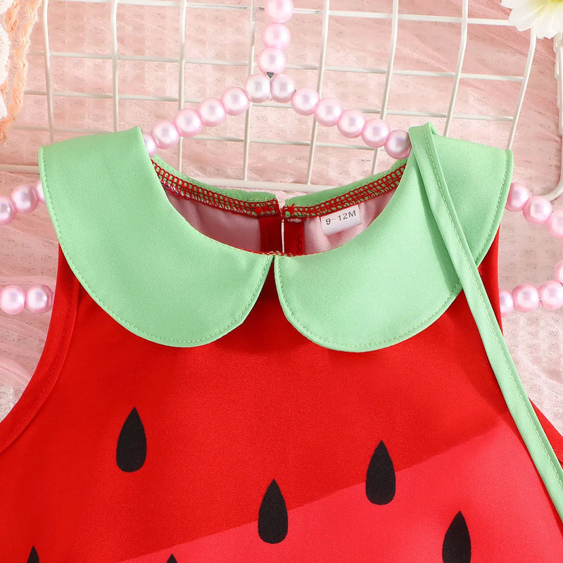 Girls Sleeveless Cartoon Fruit Print Dress Polyester Summer Outfit for Baby Toddler 6-9M to 2-3Y Colour QCQ40031AM Casual Daily Wear