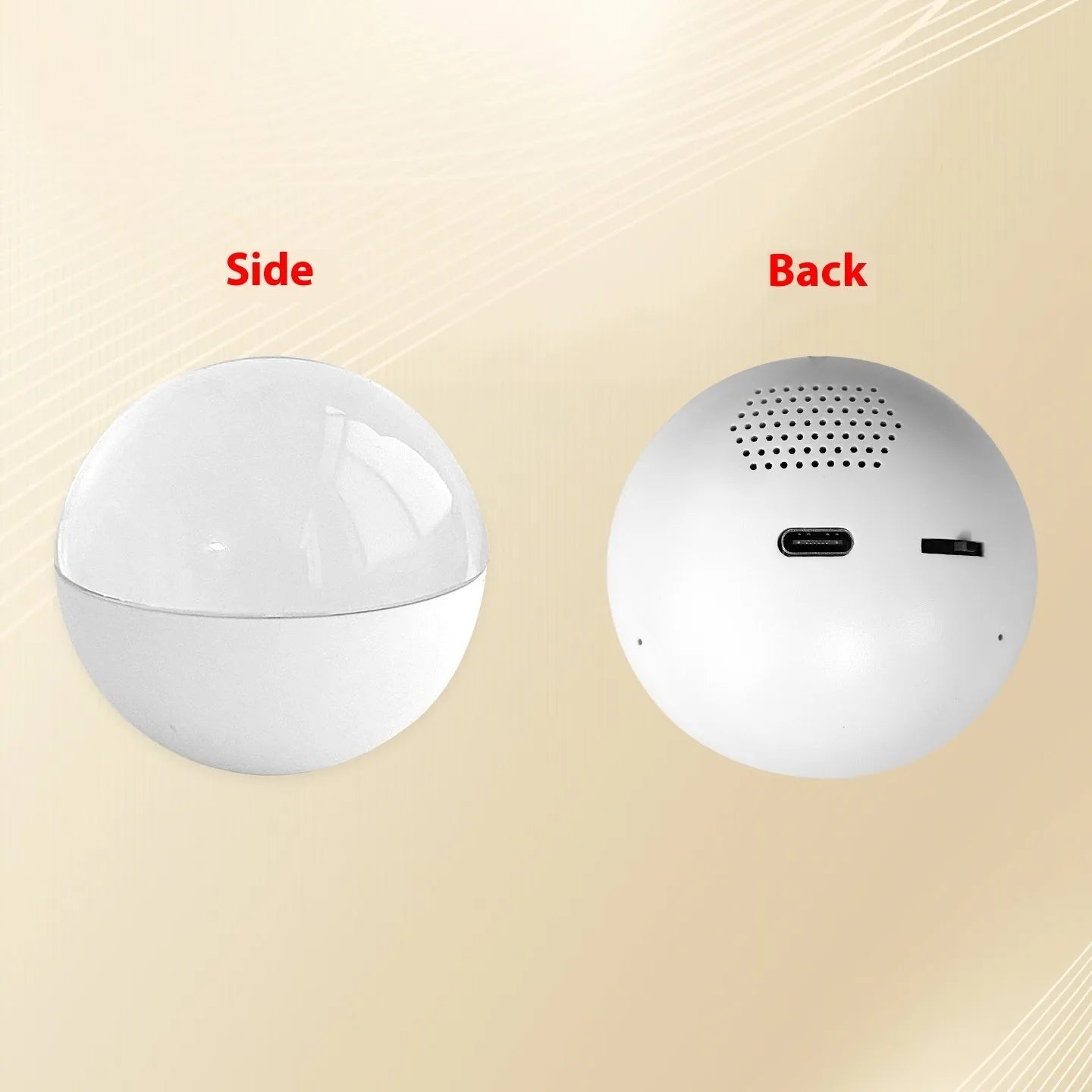 Electronic ball video player with round screen in orange, blue, white, pink, or black, showing 70x70mm size and dial control.