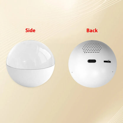 Electronic ball video player with round screen in orange, blue, white, pink, or black, showing 70x70mm size and dial control.