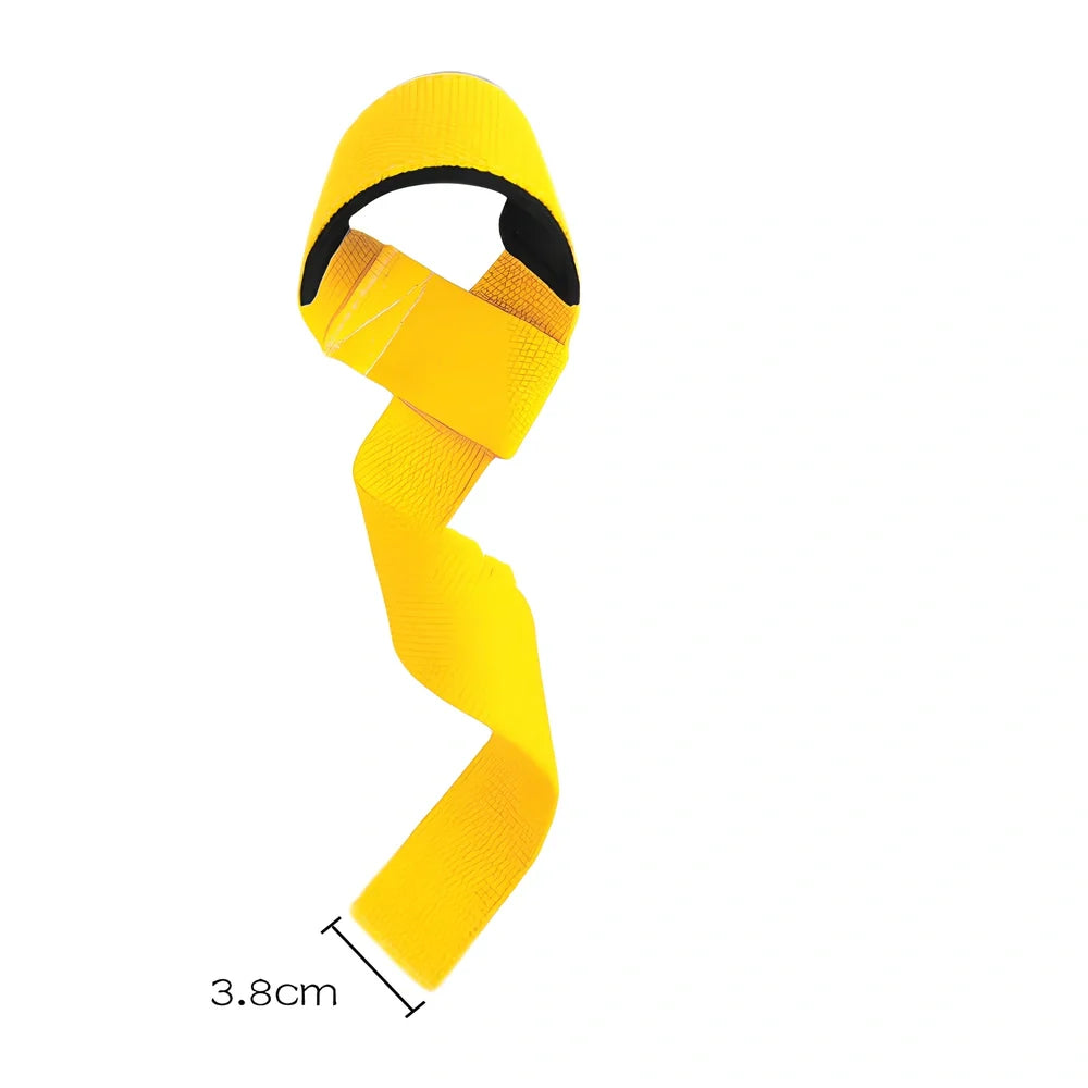 Pair of grey weightlifting straps with 5cm width wrapped around barbell