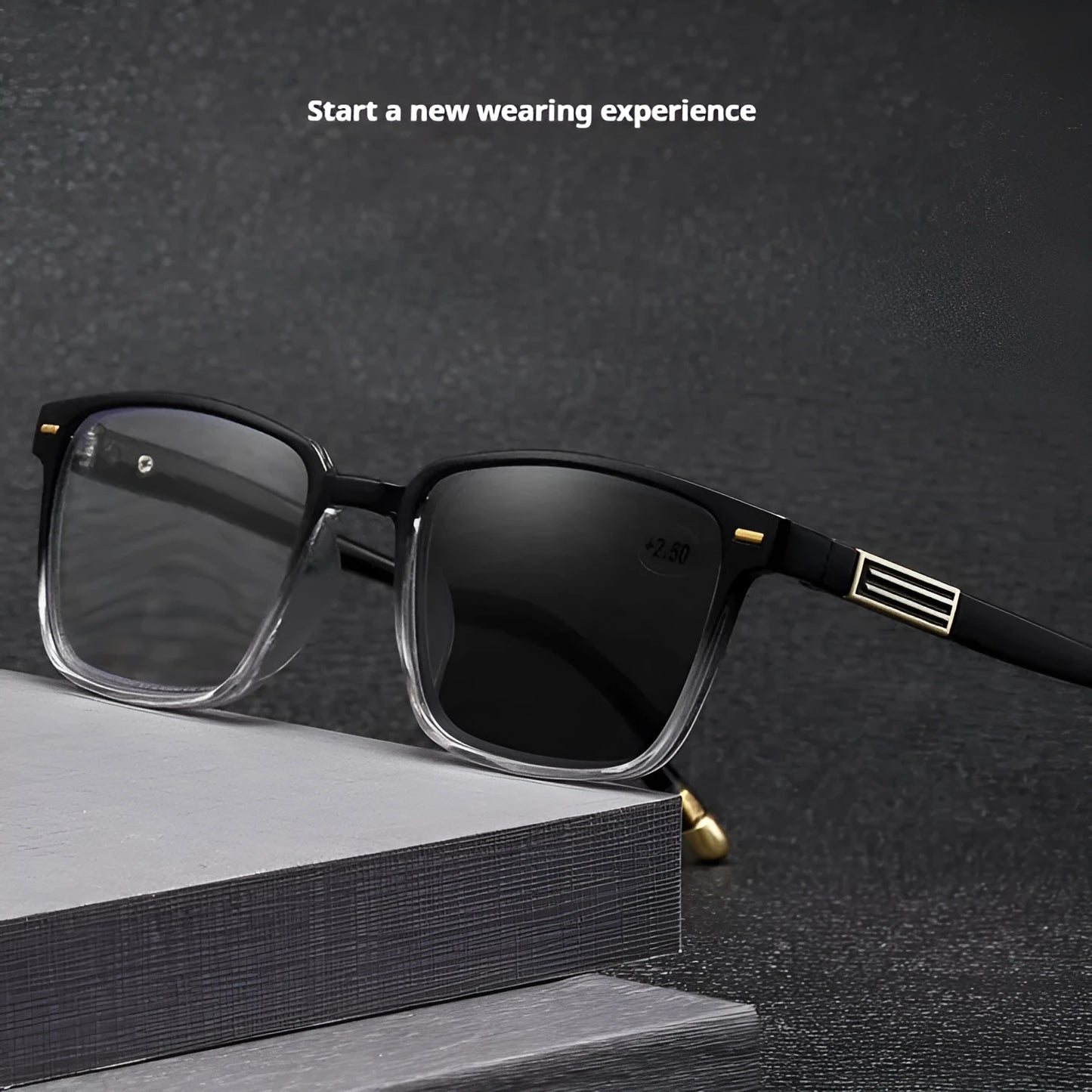 Multifocal reading glasses with anti blue light protection showing colour changing lenses