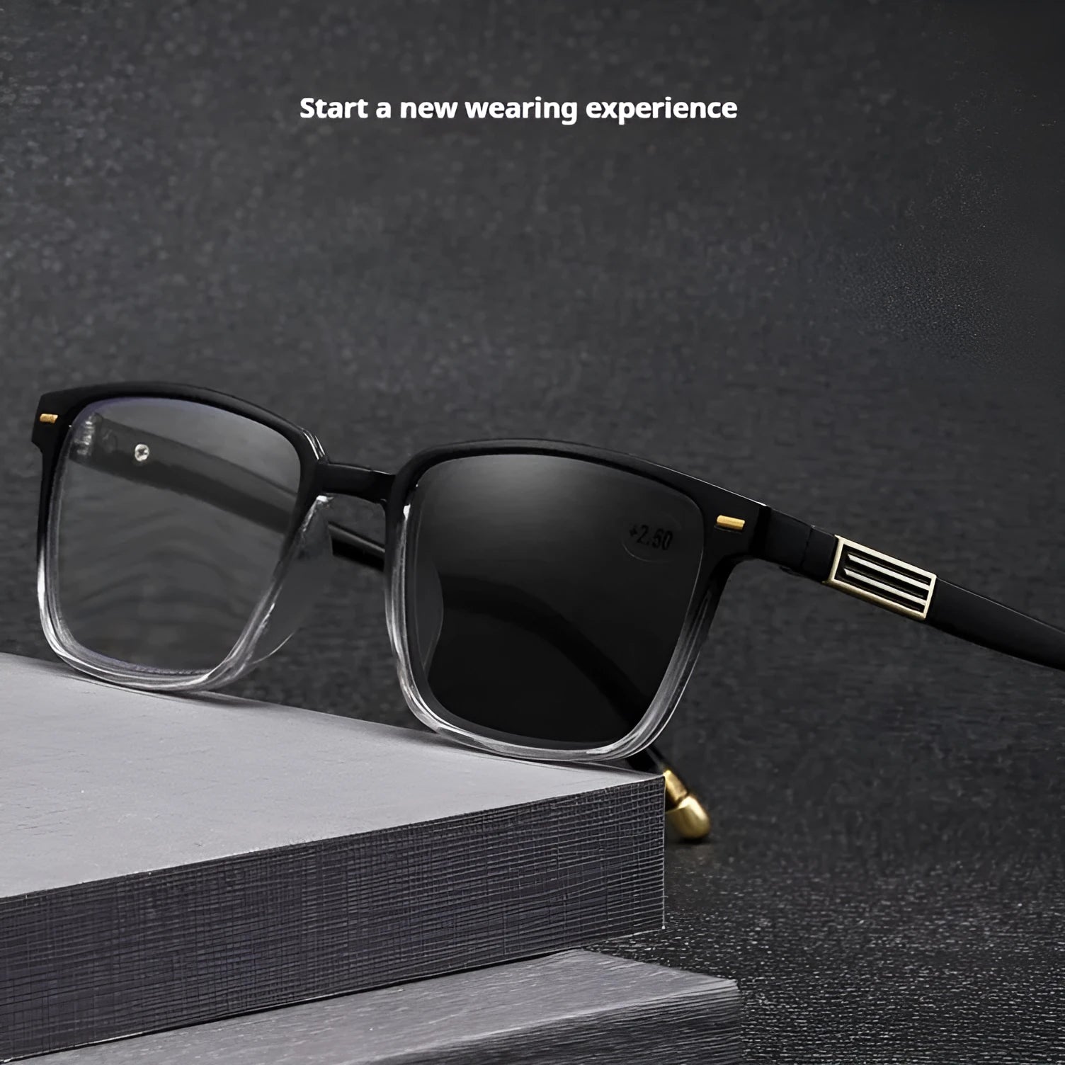 Multifocal reading glasses with anti blue light protection showing colour changing lenses
