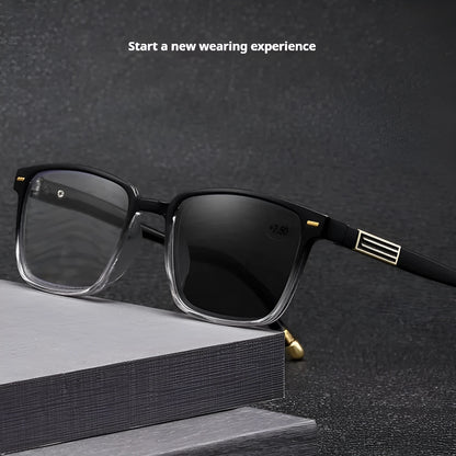 Multifocal reading glasses with anti blue light protection showing colour changing lenses