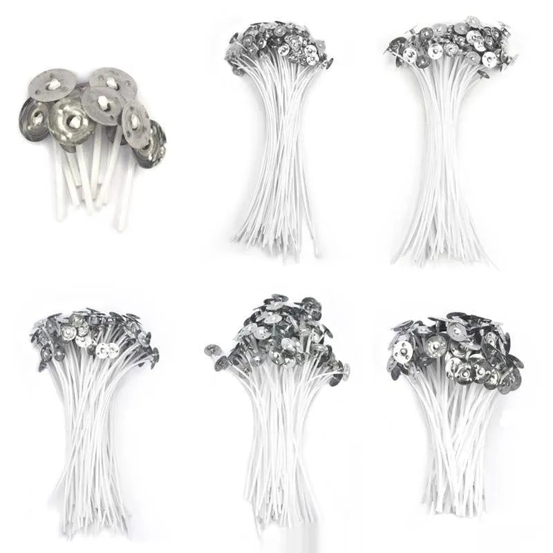 White cotton candle wicks in three lengths: 2.6cm, 6cm, and 8cm, for DIY candle making.