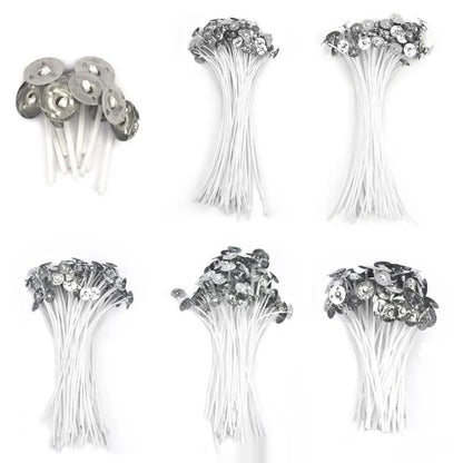 White cotton candle wicks in three lengths: 2.6cm, 6cm, and 8cm, for DIY candle making.