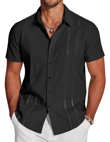 Men's slim fit Hawaiian short sleeve shirt with a colourful digital print pattern.