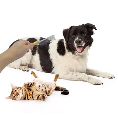 Wooden handle pet grooming comb with rounded needles for dogs and cats on a neutral background