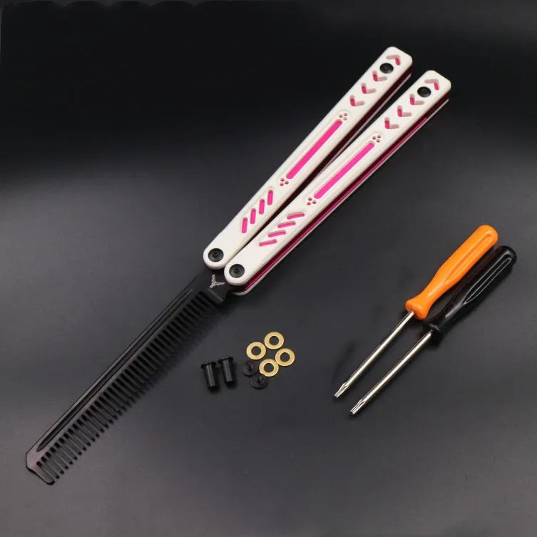 Butterfly knife practice trainer with aluminium handle and G10 grip patches in multiple colour options