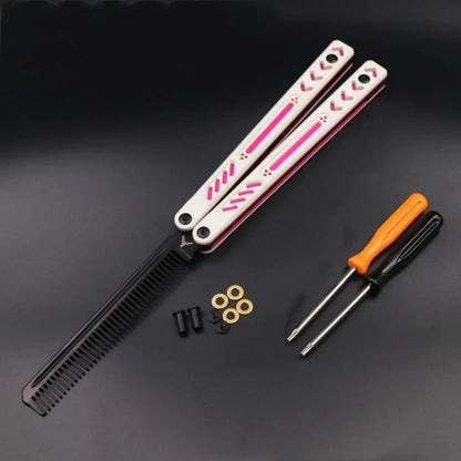 Butterfly knife practice trainer with aluminium handle and G10 grip patches in multiple colour options