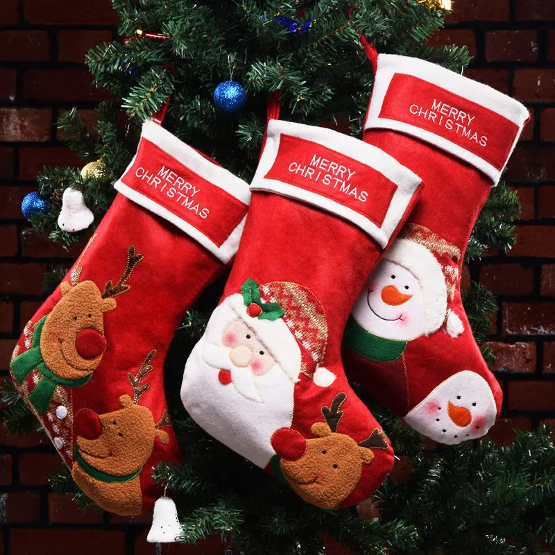 Christmas stockings in Elk, Old Man, and Snowman designs made from non-woven fabric, 30cm long