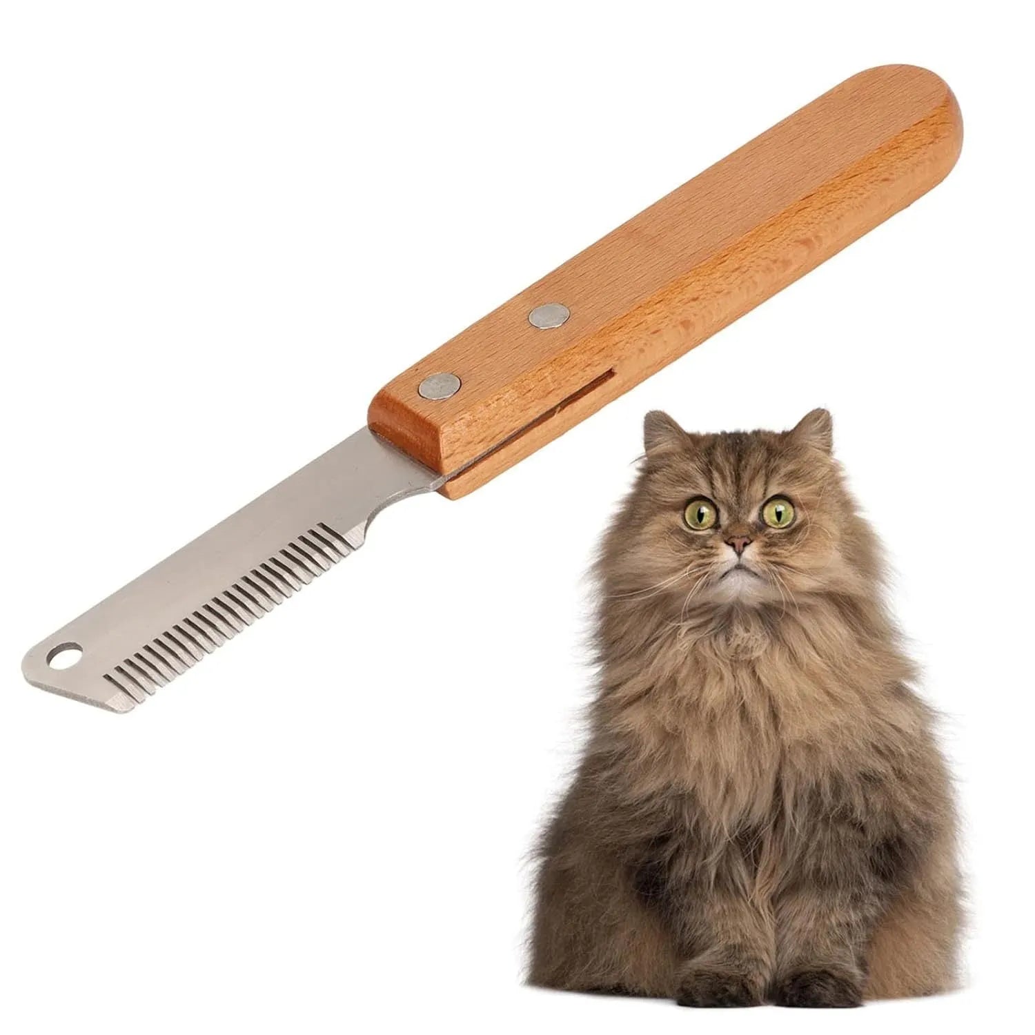 Pet stripping comb with wood handle for cats and dogs in two size options