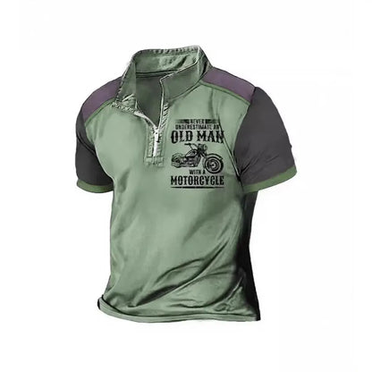 Men's casual polo shirt with digital letter printing and zipper decorations in polyester fibre