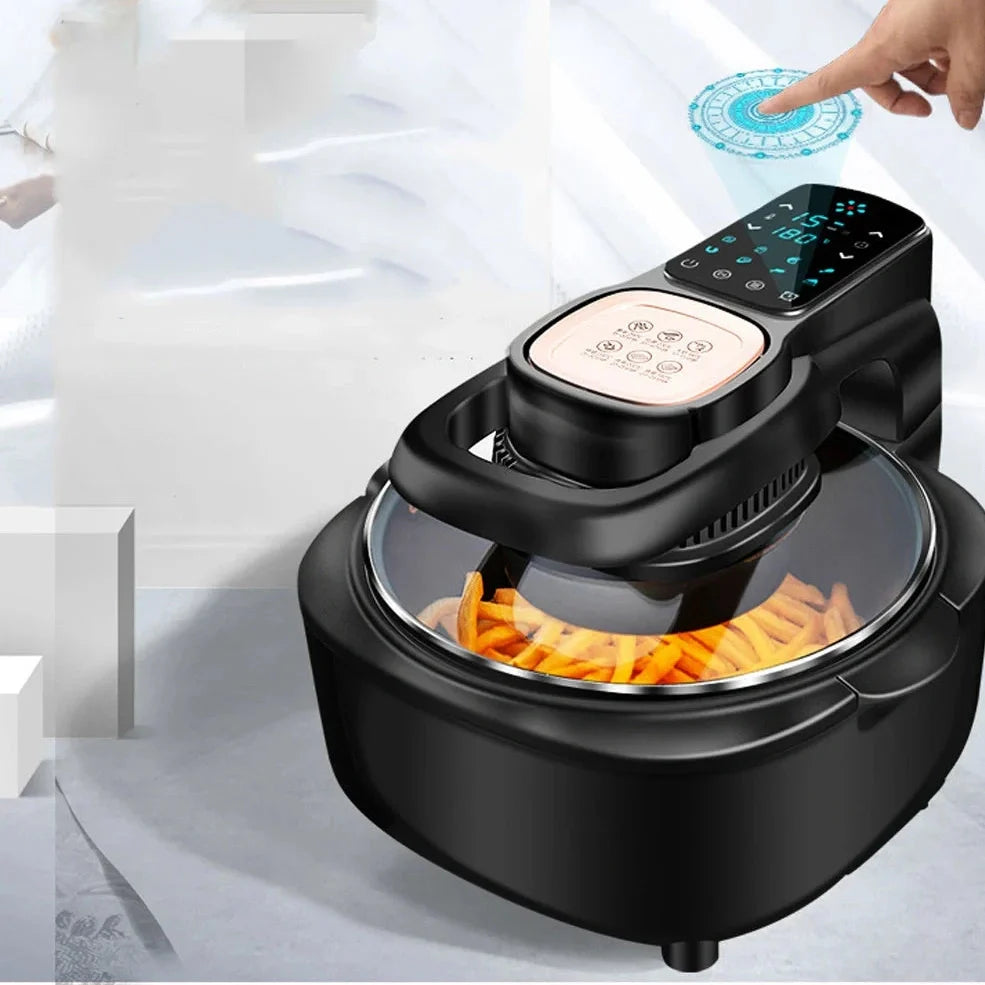 Green air fryer with touch controls measuring 335x325x295mm with 6-litre capacity