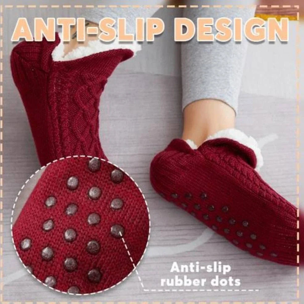 Winter woolen socks with V-opening design and anti-slip dots on soles in navy blue colour