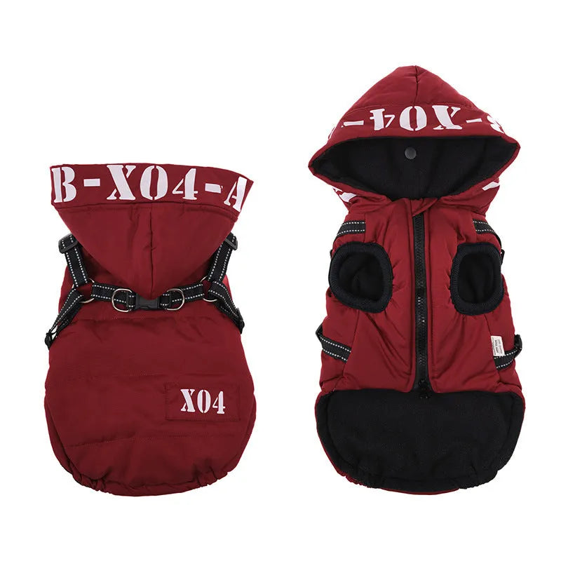 Red fleece-lined waterproof dog winter jacket with hood shown on medium-sized dog
