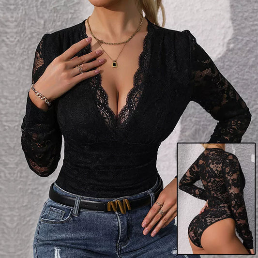Women's black lace-up long sleeve bodysuit with snap crotch closure