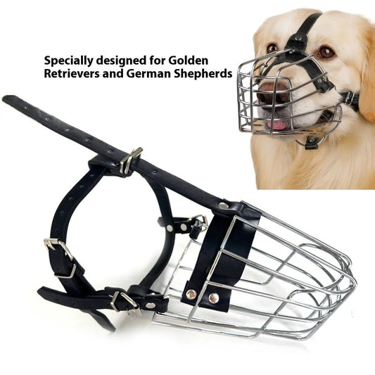 Black metal dog mouth cover designed for Golden Retrievers and German Shepherds with adjustable fastenings