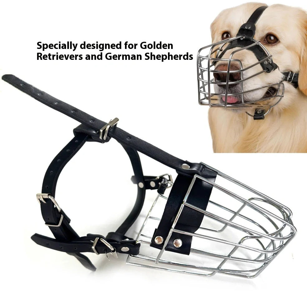 Black metal dog mouth cover designed specifically for golden retrievers and German shepherds