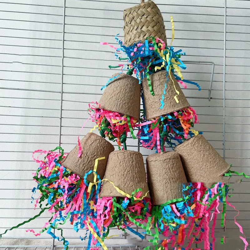 Parrot paper cup palm weaving gnawing toy safety environmental protection pet enrichment chew toy hanging height 38cm for small medium parrots birds with natural wood colour and woven paper construction