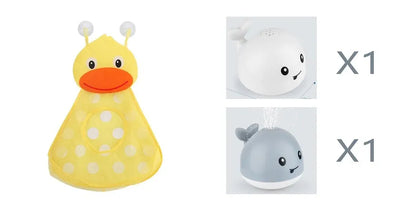 Automatic water-spraying whale bath toy with colourful lights floating in bath water.