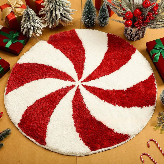 Round Christmas carpet with festive design on soft polyester fibre, showing 60cm and 80cm size options