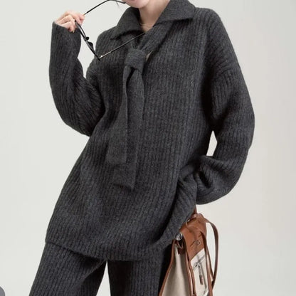 Sweater suit set with top and trousers in acrylic fibre imitation cashmere fabric, available in dark grey, grey, beige, or dark coffee