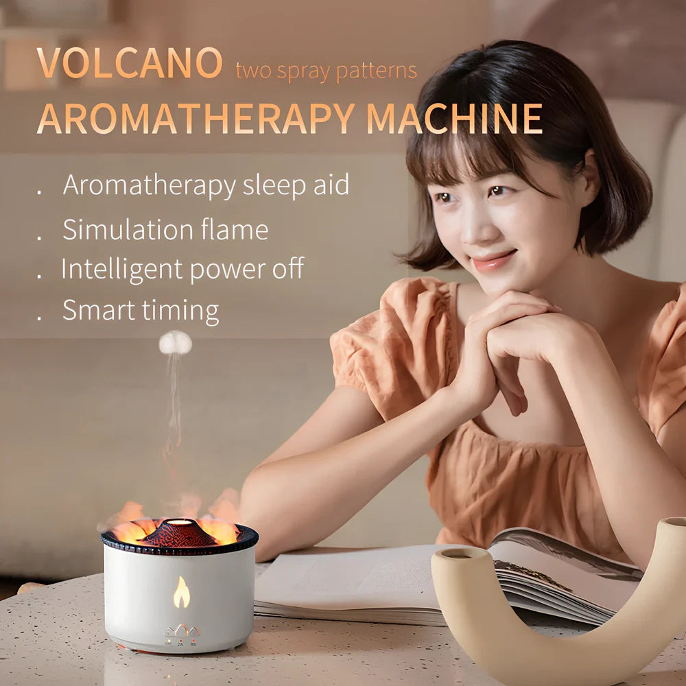 White volcano-shaped humidifier diffuser with flame lighting effect and remote control on wooden surface