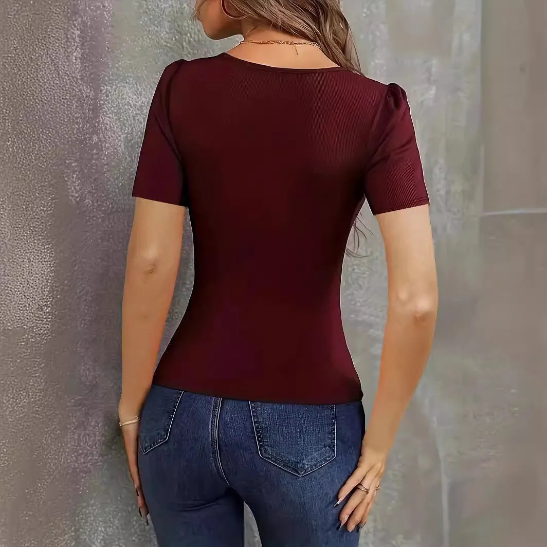 Women's low-neck slim fit knitted short sleeve top in wine red, black, or green, sizes S to XXL