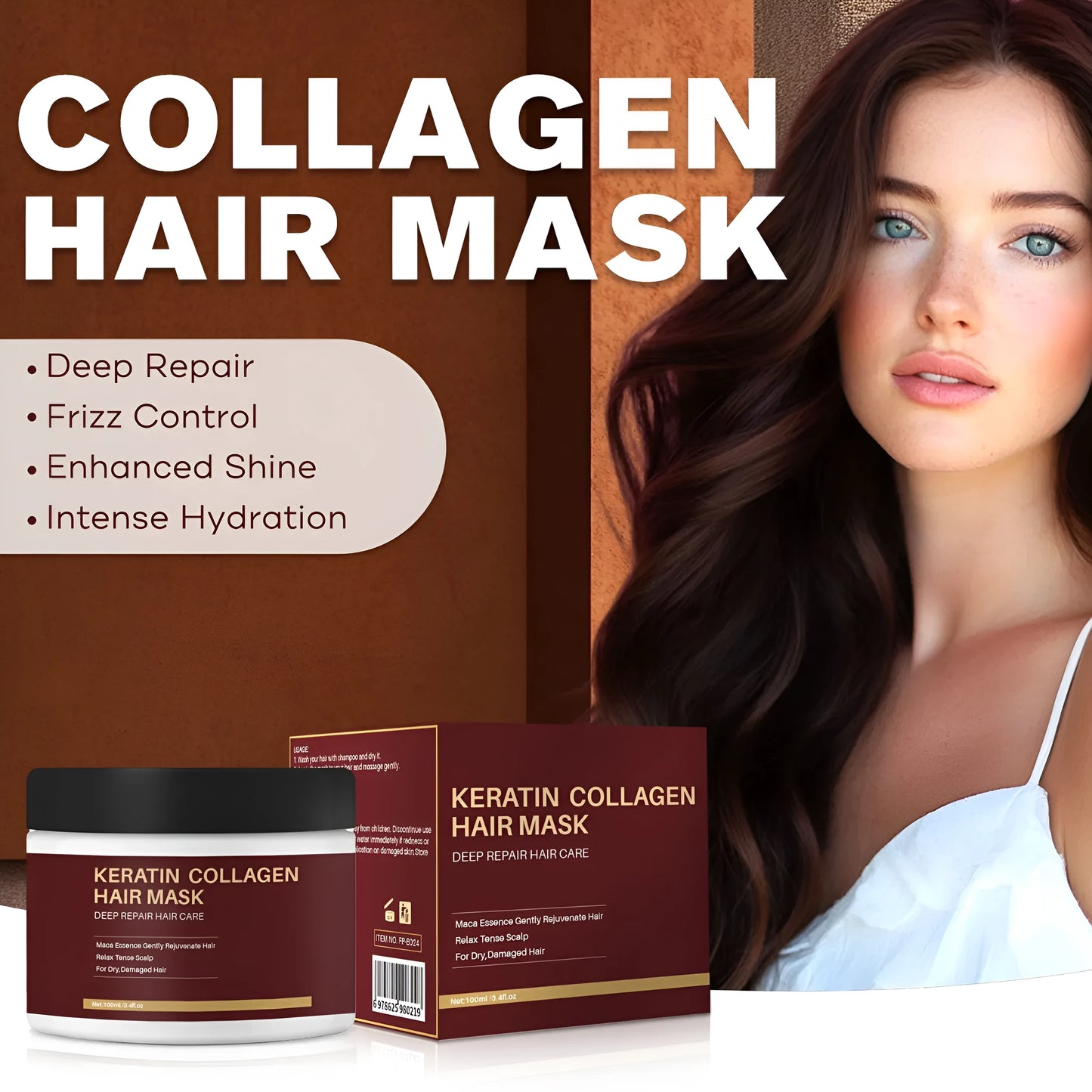 100ml tub of collagen hair mask for moisturising and strengthening dry hair
