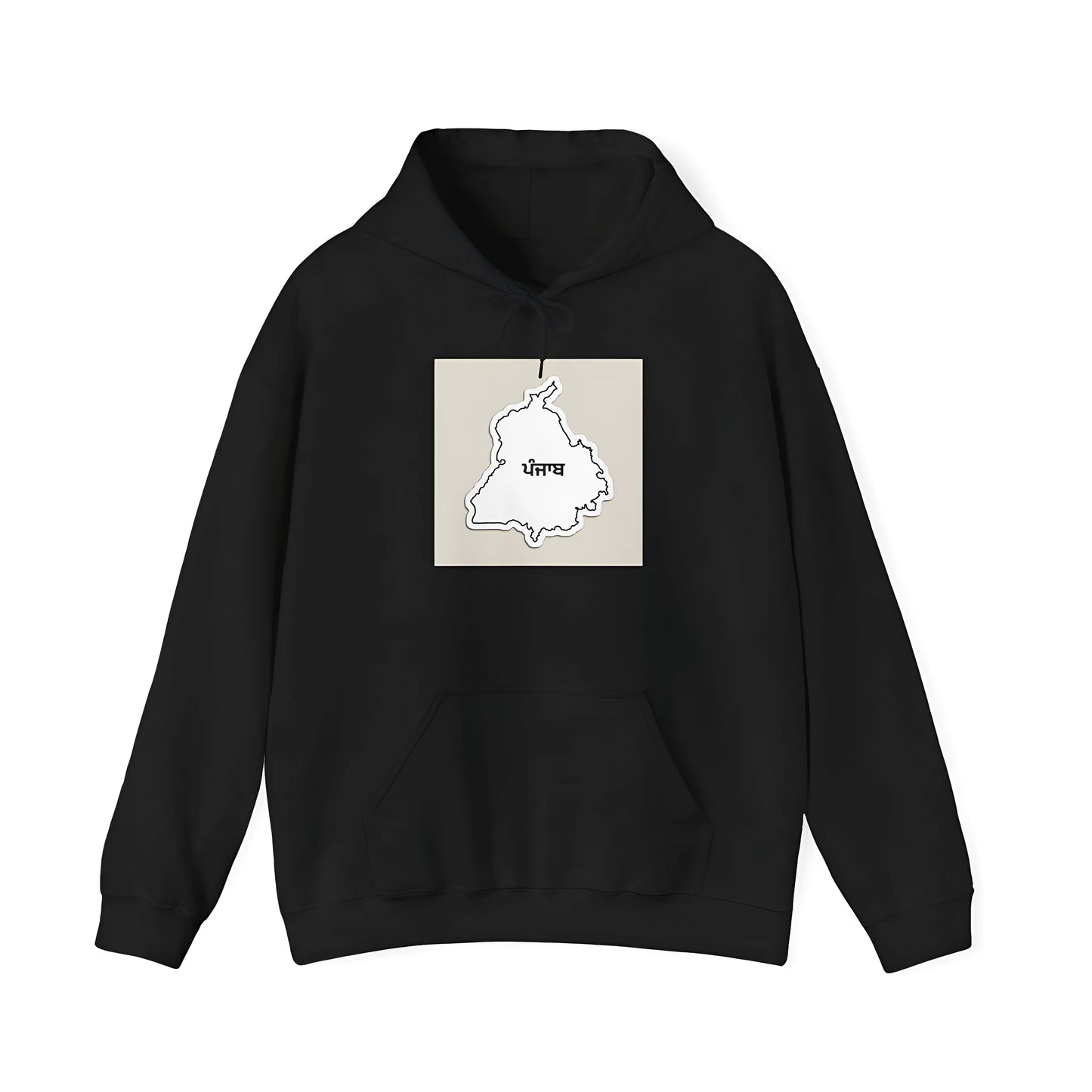 A black loose-fit hoodie with drop-shoulder sleeves and a front pocket on a mannequin.