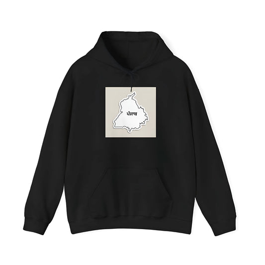 A black loose-fit hoodie with drop-shoulder sleeves and a front pocket on a mannequin.
