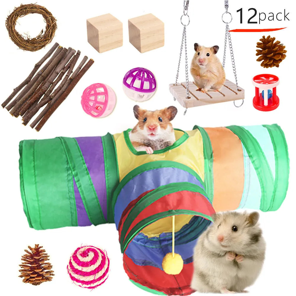 Assortment of wooden and natural fibre chew toys for small pets including balls, rings and woven shapes.