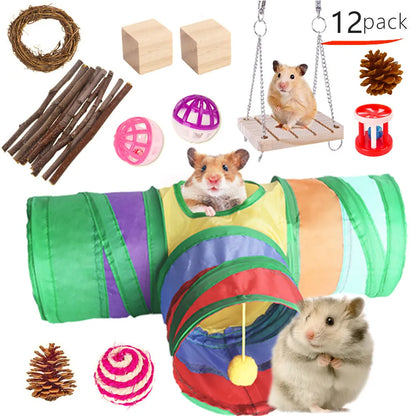 Assortment of wooden and natural fibre chew toys for small pets including balls, rings and woven shapes.