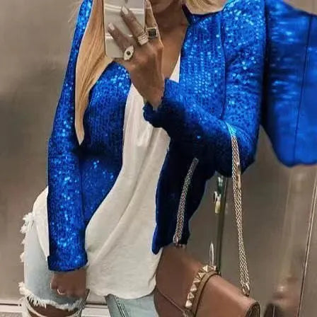 Women's slim fit short sequin coat, 50cm length, available in 17 colours and sizes S to XXXL.